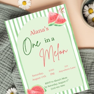 First Birthday Invitation, One in a Melon, Girl Birthday Invitation , Boy Birthday Invitation, Watermelon Birthday, Personalized Invitation