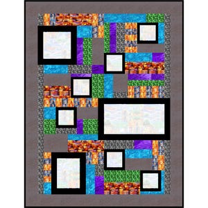 Peut inclure: Une courtepointe rectangulaire présentant un motif en patchwork composé de divers blocs de tissu colorés. Le design inclut des sections orange vif, bleues, vertes et violettes entremêlées de panneaux blancs encadrés de noir et une bordure gris foncé.