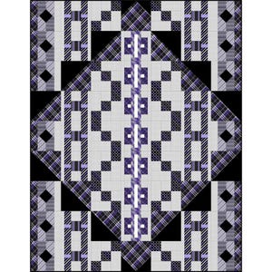 Peut inclure: Une courtepointe rectangulaire présentant un motif géométrique dans des tons de violet, noir, blanc et gris. Le design intègre une colonne verticale centrale de carrés, flanquée de losanges, de sections en tissu écossais et de triangles noirs.