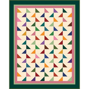 May include: A rectangular quilt featuring a repeating pattern of small triangles in various colours including red, blue, green, yellow, purple, and pink on a cream background. The quilt is framed by a light green border and a wide dark green outer border.