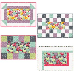 May include: Four rectangular fabric quilts featuring a central panel of colorful poppy flowers in red, yellow, and teal. The surrounding borders and blocks incorporate various patterns including dandelion prints, solid white, and muted purple squares.