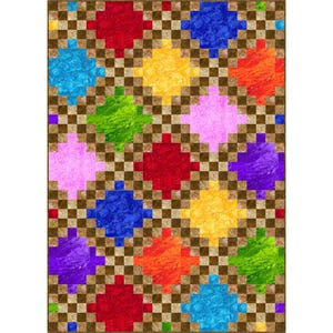 Peut inclure: Une courtepointe présentant un motif répétitif de grands losanges multicolores en rouge, bleu, jaune, orange, vert, violet et rose. Chaque losange a une texture marbrée et est entouré d'une grille de petits carrés bruns à carreaux.