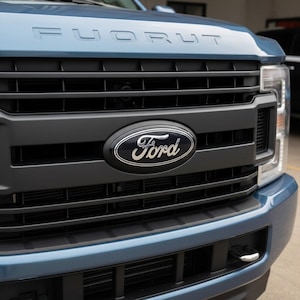 Puede incluir: Primer plano de la parrilla azul de un camión Ford. La parrilla negra presenta barras horizontales y el logotipo de Ford en el centro. La palabra "FORD" es visible en el capó. También se ven el parachoques y el faro del camión.