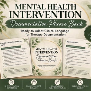 Therapy Documentation Phrase Bank | Mental Health Intervention Cheat Sheet | Progress Note Phrases | Therapist Clinical Documentation