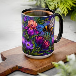 Stained Glass Bees Floral Mug, Vibrant Art Coffee Cup, Colorful Irises Crocus Pansies Design, Gift for Garden Lovers & Bee Keepers