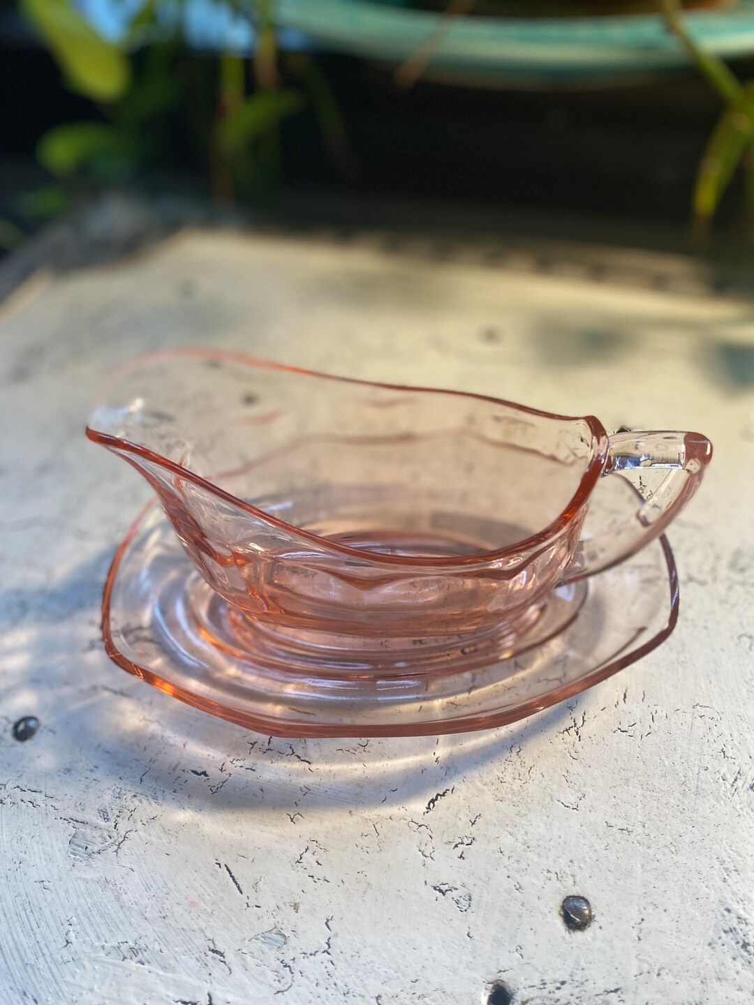 Pink Depression Glass Gravy Boat and Under Plate Etsy