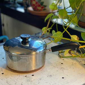 May include: A stainless steel saucepan with a black handle and lid. The pot has a copper-colored bottom and sits on a white, distressed surface. The image is taken in natural light, with plants in the background.