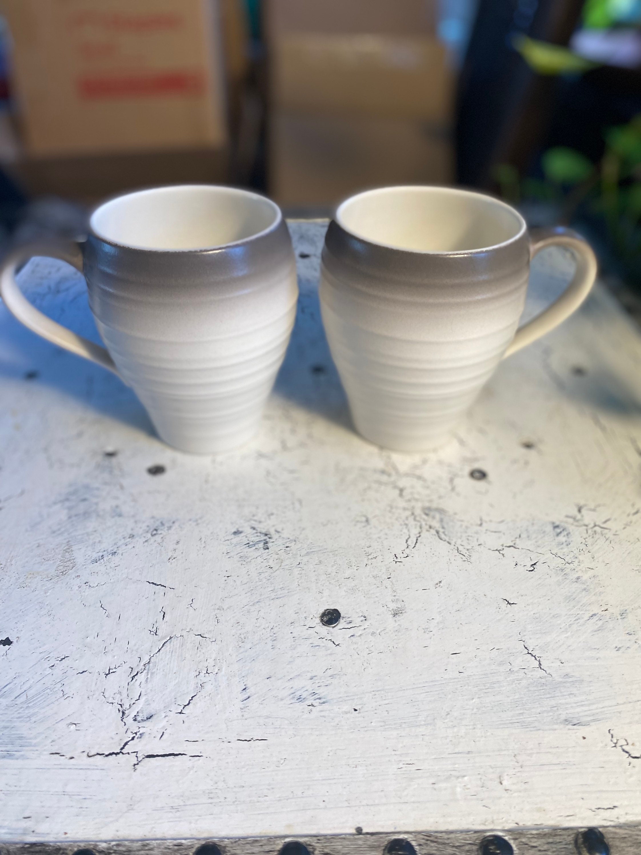 Set of 4 Crate & Barrel White Maison Mugs & Saucers Japan Coffee Tea Cups 8  oz