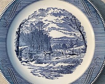 1 Royal USA Currier & Ives Blue Getting Ice Chop Plate 11 1/4" Round Serving platter