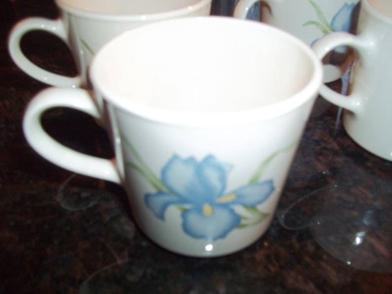 May include: A white ceramic mug with a blue and green floral design. The mug has a handle and is decorated with a blue iris flower.