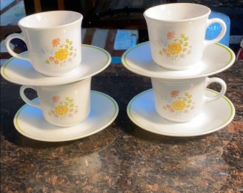 Set of 4  Spring Meadow Corelle Coffee/Tea Cups and Saucers