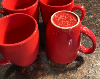 4 Corelle Stoneware  Coffee/Tea Mugs  Red 13oz.