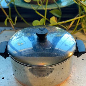 May include: A stainless steel pot with a lid and black handles. The pot has a copper-colored bottom rim. The lid has a black knob. The pot is sitting on a white surface.
