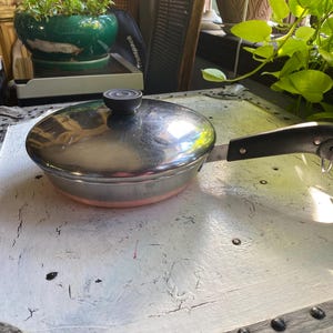 May include: A stainless steel skillet with a copper-colored base and a matching stainless steel lid. The pan features a black handle and a black circular knob on the lid. The exterior of the pan shows a metallic finish with a reflective surface.