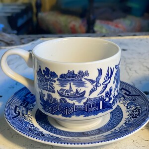 2 Churchill Blue Willow Cups & Saucers Made in England