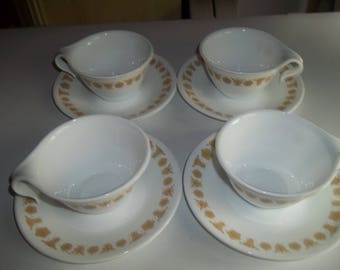 4 corelle Hook Handle Cups Golden Butterfly and Saucers