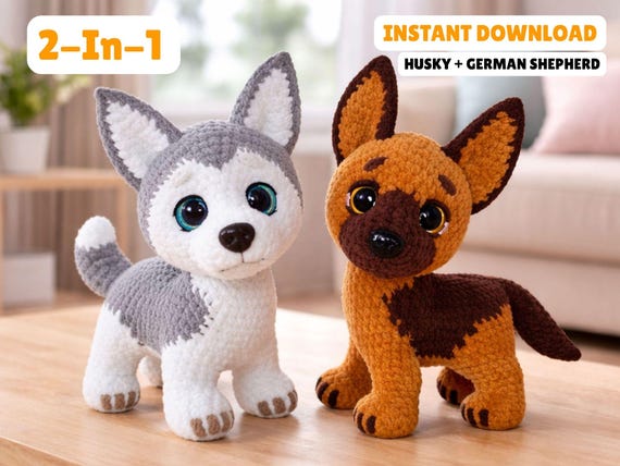 Husky & German Shepherd Crochet Pattern PDF, Standing Dog Amigurumi Pattern, 2 Dog Bundle, Realistic Puppy Pattern, Instant Download