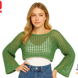 May include: A green crochet crop top with long, flared sleeves. The top has a net-like pattern and is worn with blue jeans. The image includes the text "PDF PATTERN" in a red box and a cartoon cat logo with the text "CROCHETER KITTY B".