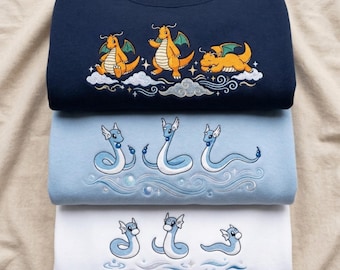 Dratini Dragonair Dragonite Embroidered Sweatshirt, Cute Poke shirt, Kawaii Anime Embroidery Shirt, PKM Gamer Gift, matching tee