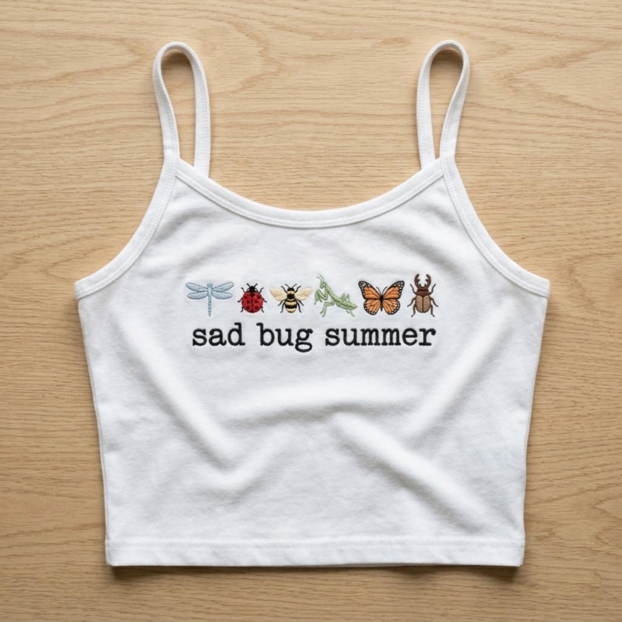 Sad Bug Summer Embroidered Tank Top, Vintage Insect Crop Baby Tee