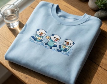 Oshawott Embroidered Sweatshirt, Cute Poke Crewneck, Kawaii Anime Embroidery Shirt, PKM T-shirt, Gamer Gift, Pastel Aesthetic