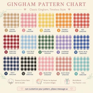 Puede incluir: Una tabla de patrones de cuadros vichy que muestra quince muestras de color numeradas, incluyendo caf&eacute;, rosa, amarillo, naranja, rojo, rojo oscuro, azul claro, verde bosque, lavanda, azul real, marino, negro, rosa palo, rosa viejo y verde azulado.