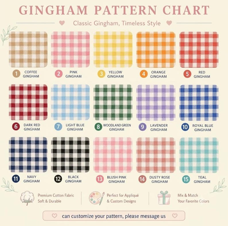 Puede incluir: Una tabla de patrones de cuadros vichy que muestra quince muestras de color numeradas, incluyendo caf&eacute;, rosa, amarillo, naranja, rojo, rojo oscuro, azul claro, verde bosque, lavanda, azul real, marino, negro, rosa palo, rosa viejo y verde azulado.