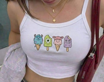 Monsters Inc Eiscreme besticktes Tanktop, Sulley mike boo Randall Baby-T-Shirt, niedliches Disney Pixar Y2K Outfit, Disney Reise T-Shirt, Geschenk für sie