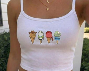Toy Story Eiscreme besticktes Tanktop, Woody Buzz Jessie Alien Cami, niedliches Disney inspiriertes Y2K Spaghettibügel Crop Top, Geschenk für sie