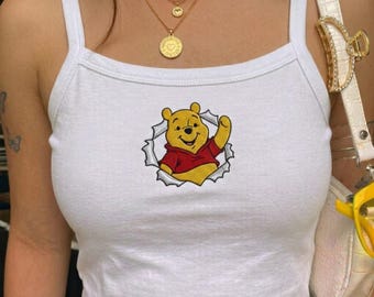 Canotta ricamata con orsetto Pooh, maglietta per bambini con simpatici cartoni animati, maglietta Y2K per bambini, maglietta di Winnie the Pooh, maglietta coordinata Disney, regalo per lei
