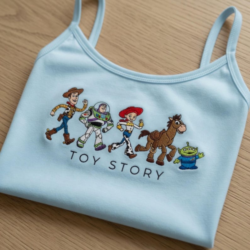 May include: Light blue tank top featuring an embroidered design of characters from the animated film "Toy Story." The design includes Woody, Buzz Lightyear, Jessie, Bullseye, and the Little Green Men. The words "TOY STORY" are embroidered below the characters.