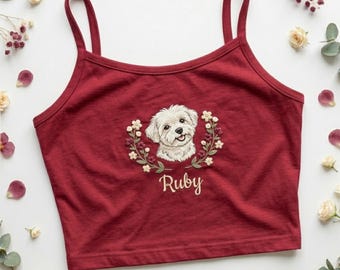 Embroidery Custom Pet Portrait Tanktop, Vintage Locket Dog Mom Gift, Personalized Cat Photo Shirt, Coquette Bow baby tee, Memorial