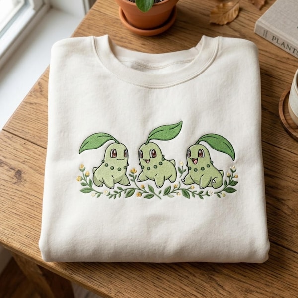 Chikorita Embroidered Sweatshirt, Cute Poke Crewneck, Kawaii Anime Embroidery Shirt, PKM T-shirt, Gamer Gift, Pastel Aesthetic