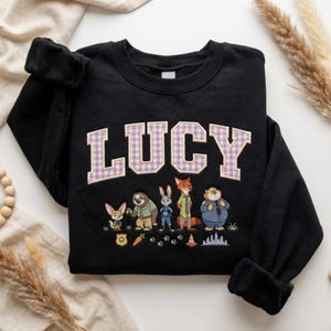 May include: A black long-sleeve sweatshirt featuring the name LUCY in large, light purple and white gingham varsity-style letters. Below the text is an embroidered graphic of five animated animal characters, a badge, a carrot, paw prints, and a cone.