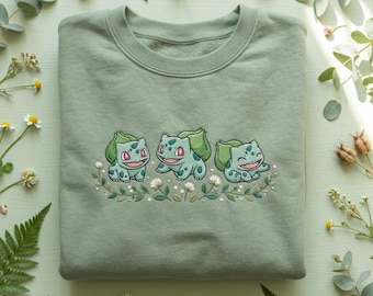 Bulbasaur Embroidered Sweatshirt, Cute Poke Crewneck, Kawaii Anime Embroidery Shirt, PKM T-shirt, Gamer Gift, Pastel Aesthetic