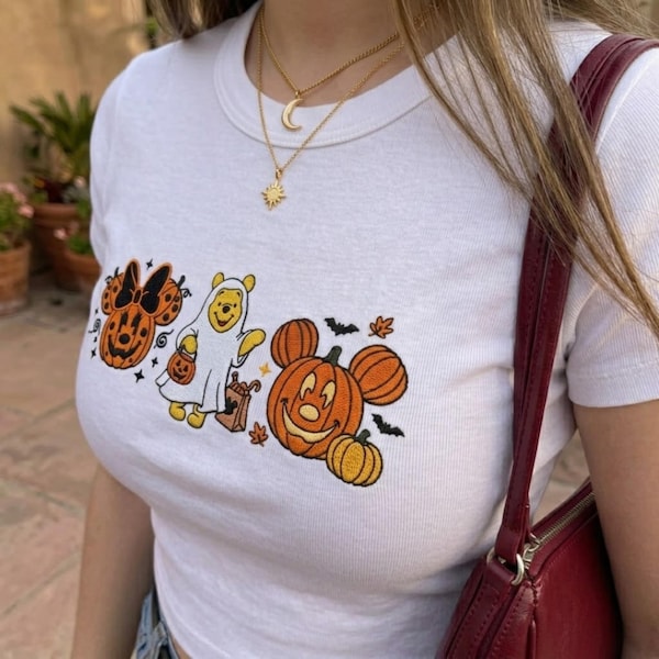 Disney Halloween Embroidered Tank Top, Ghost Pooh Baby tee, Mickey Pumpkin Crop Tank, Minnie Bow Halloween Top, Cute Fall Gift