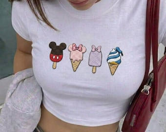 Mickey Friends Ice Cream Embroidered Tank Top, Minnie Daisy Donald Baby tee, Cute Disney Inspired Crop Top, Y2K Spaghetti Strap Shirt