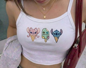 Lilo und Stitch Eiscreme besticktes Tanktop, Engel Scrump Stitch Baby T-Shirt, süßes Disney inspiriertes Y2K Outfit, Disney Reise T-Shirt, Geschenk für sie