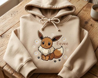 Eevee Embroidered Sweatshirt, Cute Poke Crewneck, Kawaii Anime Embroidery Shirt, PKM T-shirt, Gamer Gift