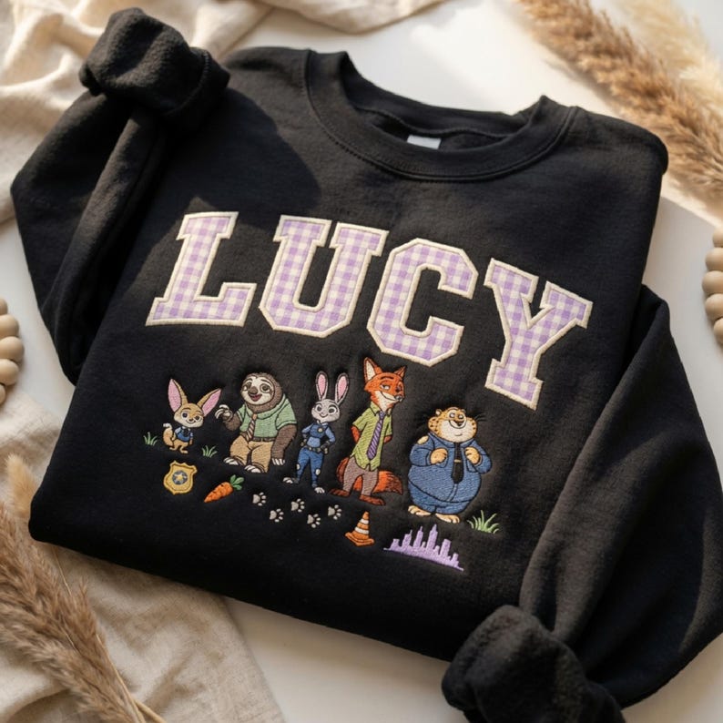 May include: A black crewneck sweatshirt featuring the name LUCY in large, light purple and white gingham varsity-style letters. Below the name is an embroidered graphic of five animated animal characters, a badge, a carrot, and a city skyline.