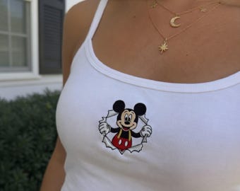 Canotta ricamata con Topolino, maglietta per bambini con simpatici cartoni animati, maglietta per bambini stile Y2K, maglietta con Topolino e amici, maglietta coordinata Disney, regalo per lei