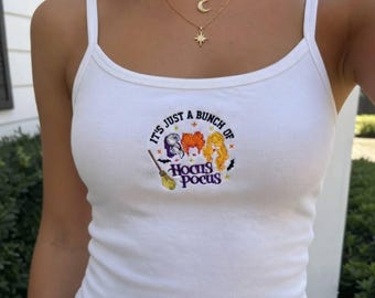 Camiseta sin mangas bordada de Hocus Pocus, camiseta infantil "It's Just a Bunch of Hocus Pocus", camiseta de Halloween para la temporada espeluznante, regalo de bruja, conjunto para la temporada de otoño