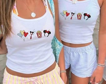 Disney Park Embroidered Tank Top, Mickey Balloon Popcorn Minnie Ears Baby tee, Cute Y2K Disney girl, Disney trip matching tee, Gift for her
