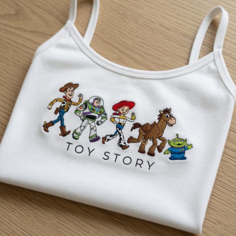 May include: White tank top with embroidered Toy Story characters: Woody, Buzz Lightyear, Jessie, Bullseye, and the Little Green Men. The text "TOY STORY" is embroidered below the characters. The top has thin straps.