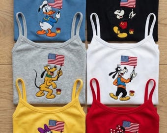 Mickey en vriend 4 juli tanktop, patriottisch disney babyshirt, geborduurde crop top met Amerikaanse vlag, shirt 250e verjaardag Amerika