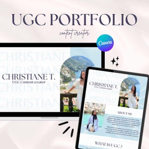 Peut inclure: Un portfolio UGC numérique affiché sur un ordinateur portable et une tablette. Le portfolio présente le travail d'un créateur de contenu, avec le nom "CHRISTIANE T." en évidence. La conception comprend un logo Canva et une photo du créateur.