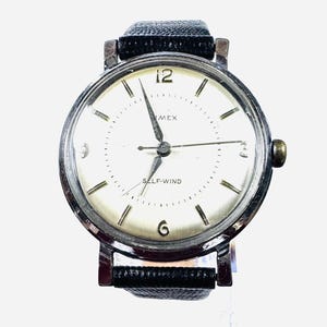 Vintage Timex Self Wind Men’s Watch Silver Dial Gold Numerals Black Leather Band 1960s self winding Automatic Classic Retro Wristwatch