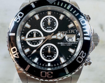 Invicta Chronograph 200M Stainless Steel Diver Watch Black Dial Quartz