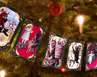 May include: A banner of vintage-style Christmas cards with illustrations of devils and children, strung against a Christmas tree background. The cards have a red and green color scheme, with ornate borders and a vintage aesthetic. The text "bedlam supply co" is visible.