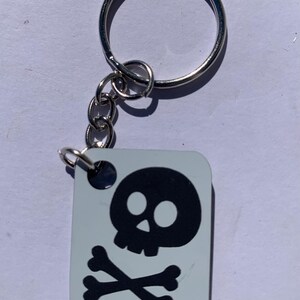 Może przedstawiać: Prostokątny brelok do kluczy ze srebrnym kółkiem i łańcuszkiem. Brelok ma jasnoszare tło z czarnym wzorem czaszki i skrzyżowanych piszczeli. Czaszka ma dwa oczodoły i jamę nosową.